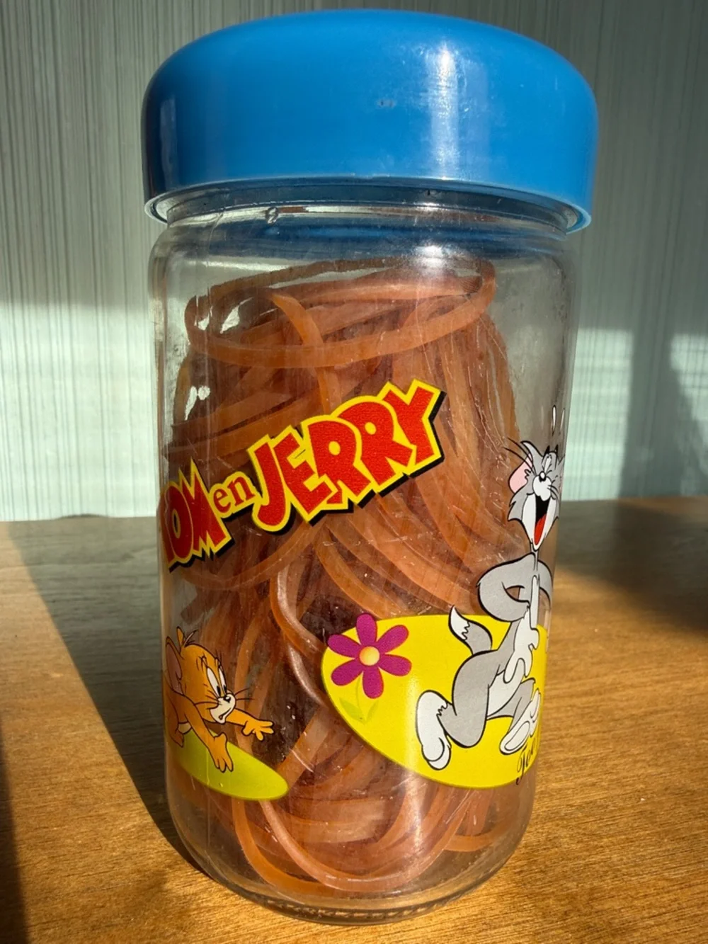 Quirky Retro Oddball Vintage Floral Cartoon Tom & Jerry Storage Jar w/ Blue Lid